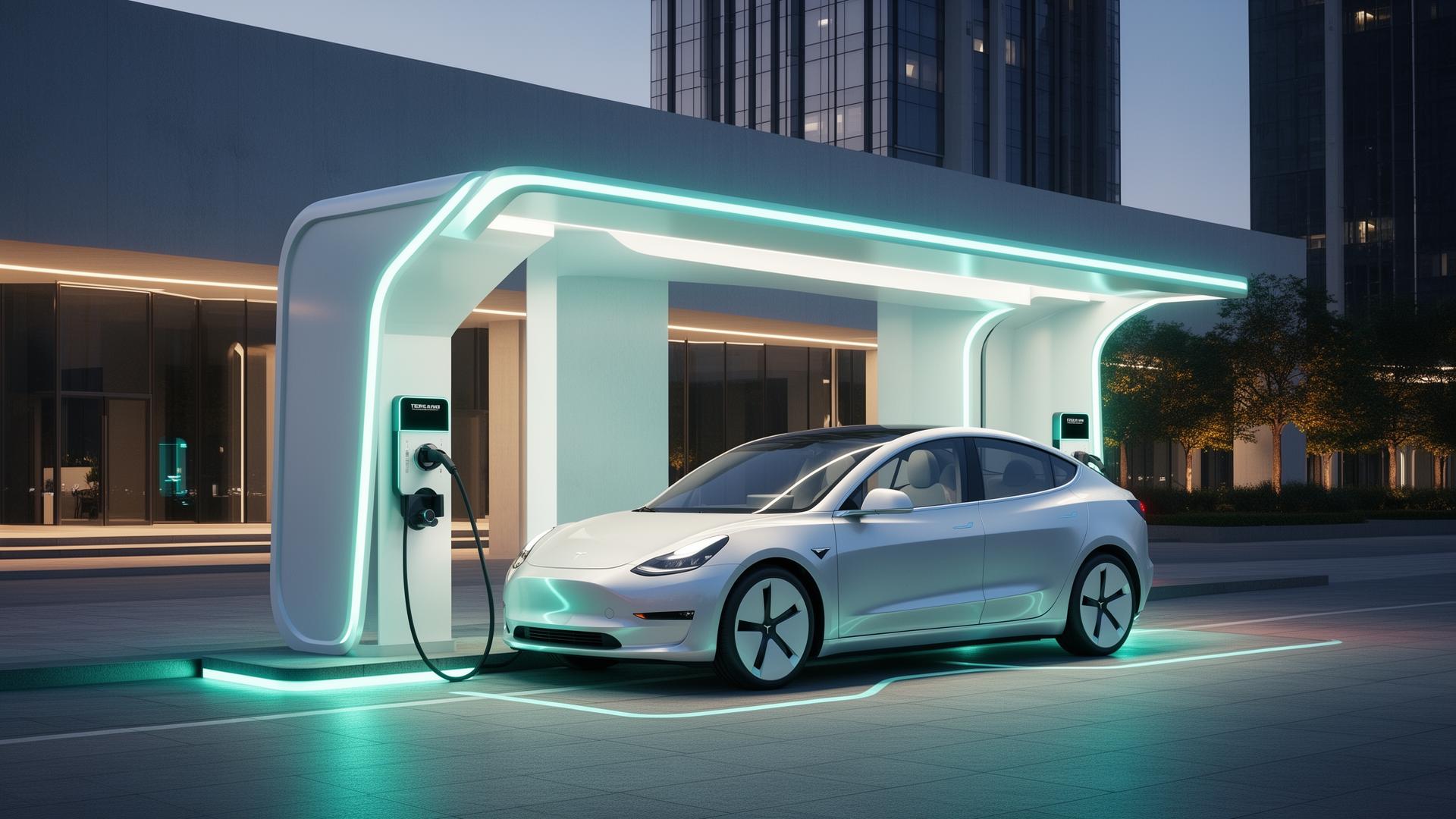 Electric vehicle plugged into a modern fast charging station, illustrating the EV charging experience